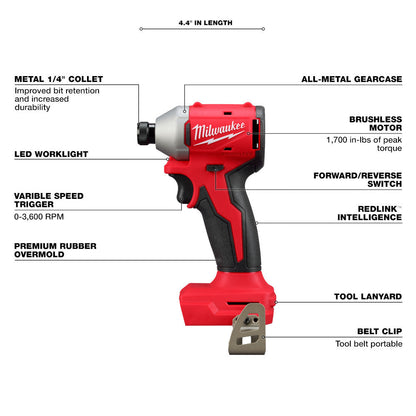 Milwaukee 3650-20 M18 Cordless Brushless Compact 1/4 Inch Hex Impact Driver (Tool Only)