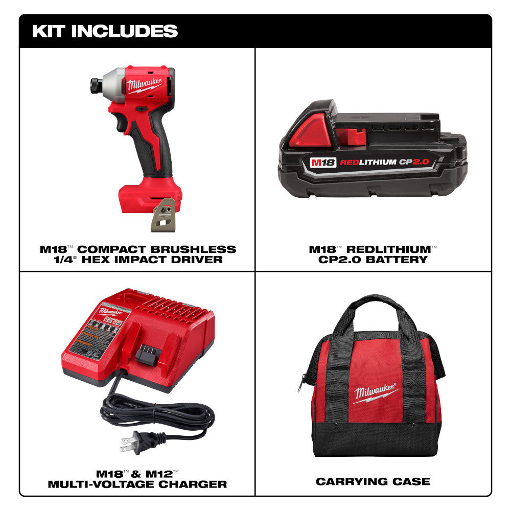 Milwaukee 3650-21P M18 Cordless Brushless Compact 1/4 Inch Hex Impact Driver Kit