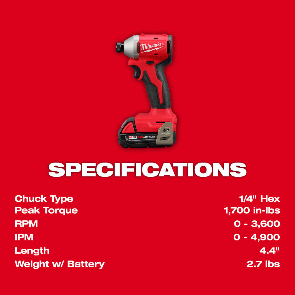 Milwaukee 3650-21P M18 Cordless Brushless Compact 1/4 Inch Hex Impact Driver Kit