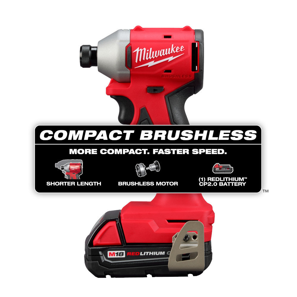 Milwaukee 3650-21P M18 Cordless Brushless Compact 1/4 Inch Hex Impact Driver Kit
