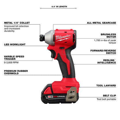 Milwaukee 3650-21P M18 Cordless Brushless Compact 1/4 Inch Hex Impact Driver Kit