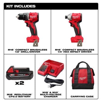Milwaukee 3692-22CT M18 2-Tool Compact Cordless Brushless 1/2 inch Drill Driver  and 1/4 inch Hex Impact Driver Combo Kit