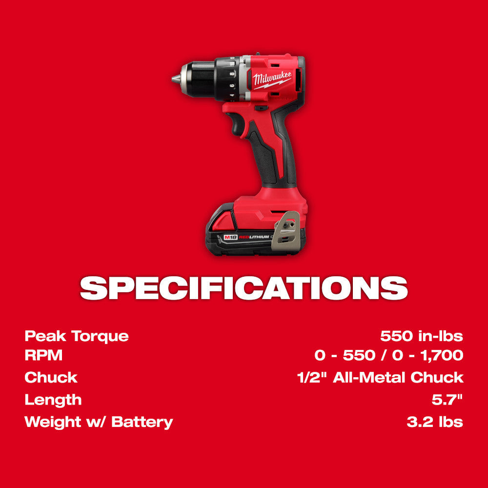 Milwaukee 3692-22CT M18 2-Tool Compact Cordless Brushless 1/2 inch Drill Driver & 1/4 inch Hex Impact Driver Combo Kit