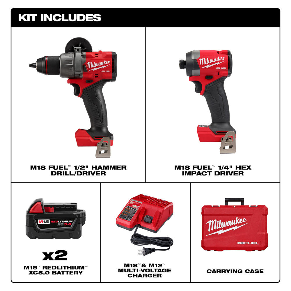Milwaukee 3697-22 M18 FUEL 2-Tool 1/2 inch Hammer Drill / 1/4 inch Hex Impact Driver Combo Kit