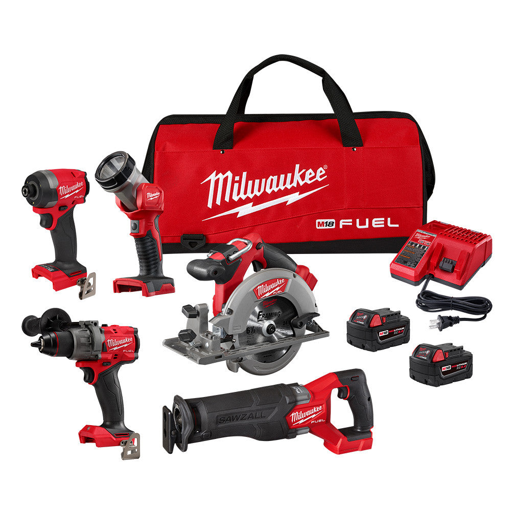 Milwaukee 3697-25 M18 FUEL 5-Tool Cordless 1/2 inch Hammer Drill / 1/4 inch Impact Driver / SAWZALL Recip Saw / 6-1/2 inch Circ Saw / Work Light Combo Kit