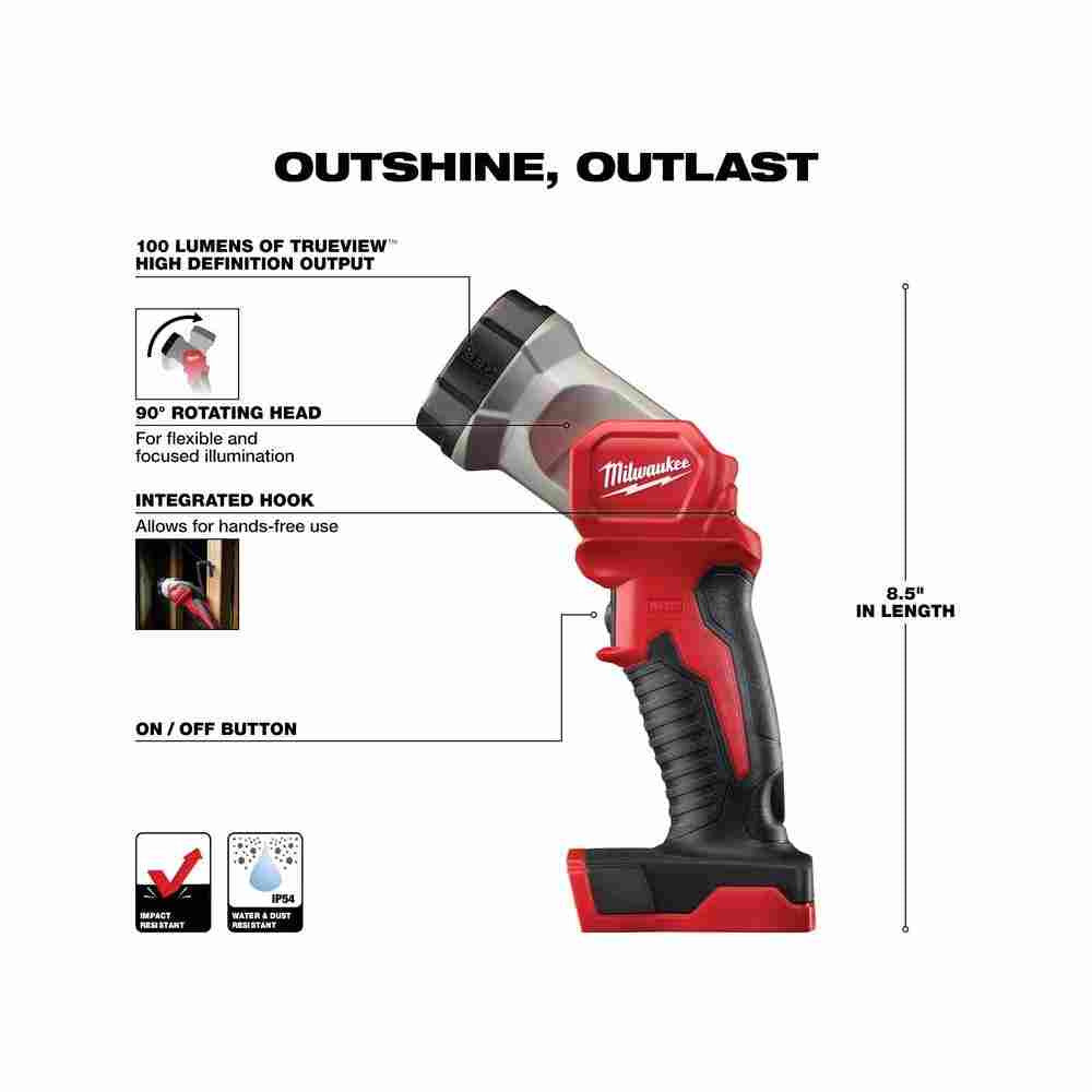 Milwaukee 3697-25 M18 FUEL 5-Tool Cordless 1/2 inch Hammer Drill / 1/4 inch Impact Driver / SAWZALL Recip Saw / 6-1/2 inch Circ Saw / Work Light Combo Kit showing features of the LED flashlight