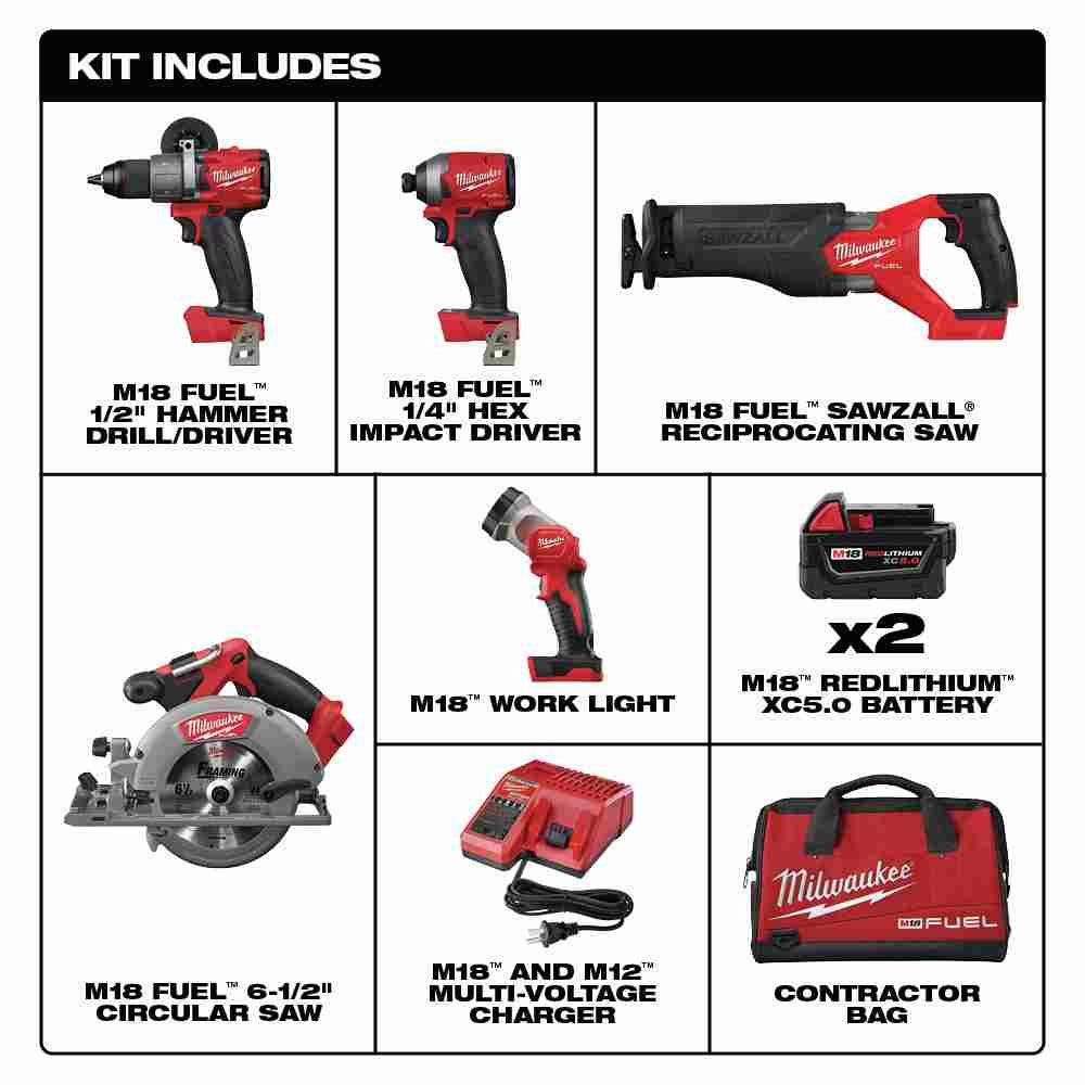 Milwaukee 3697-25 M18 FUEL 5-Tool Cordless 1/2 inch Hammer Drill / 1/4 inch Impact Driver / SAWZALL Recip Saw / 6-1/2 inch Circ Saw / Work Light Combo Kit showing inclusions of the kit