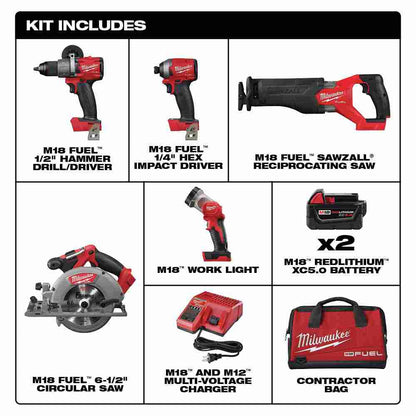 Milwaukee 3697-25 M18 FUEL 5-Tool Cordless 1/2 inch Hammer Drill / 1/4 inch Impact Driver / SAWZALL Recip Saw / 6-1/2 inch Circ Saw / Work Light Combo Kit showing inclusions of the kit