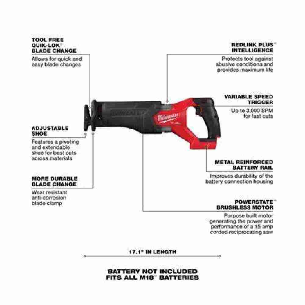 Milwaukee 3697-25 M18 FUEL 5-Tool Cordless 1/2 inch Hammer Drill / 1/4 inch Impact Driver / SAWZALL Recip Saw / 6-1/2 inch Circ Saw / Work Light Combo Kit showing features of the sawzall