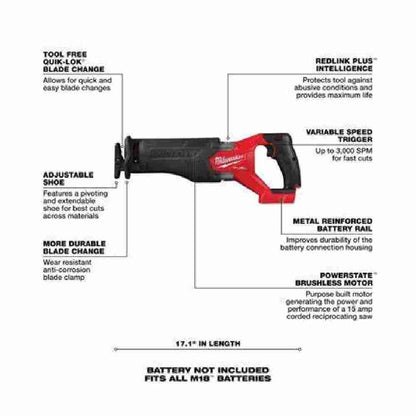 Milwaukee 3697-25 M18 FUEL 5-Tool Cordless 1/2 inch Hammer Drill / 1/4 inch Impact Driver / SAWZALL Recip Saw / 6-1/2 inch Circ Saw / Work Light Combo Kit showing features of the sawzall
