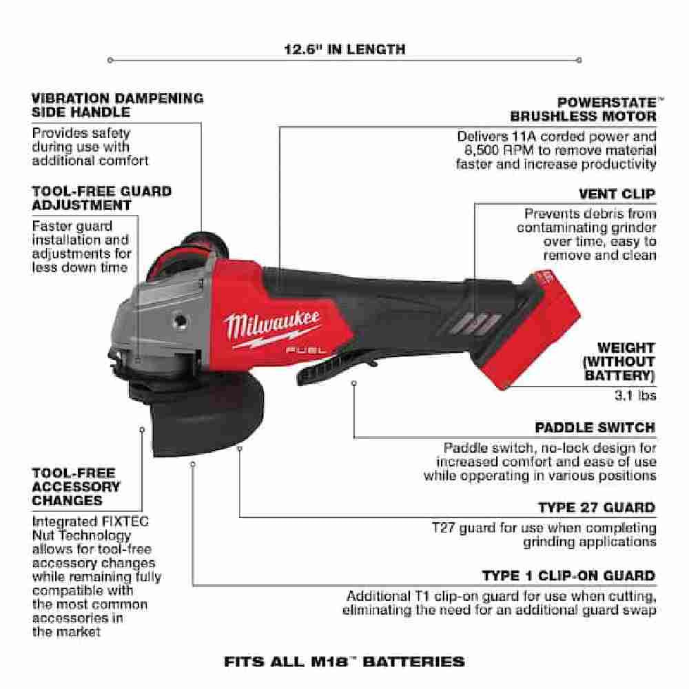 Milwaukee 3697-27 M18 FUEL 7-Tool Cordless Combo Kit showing features of the grinder