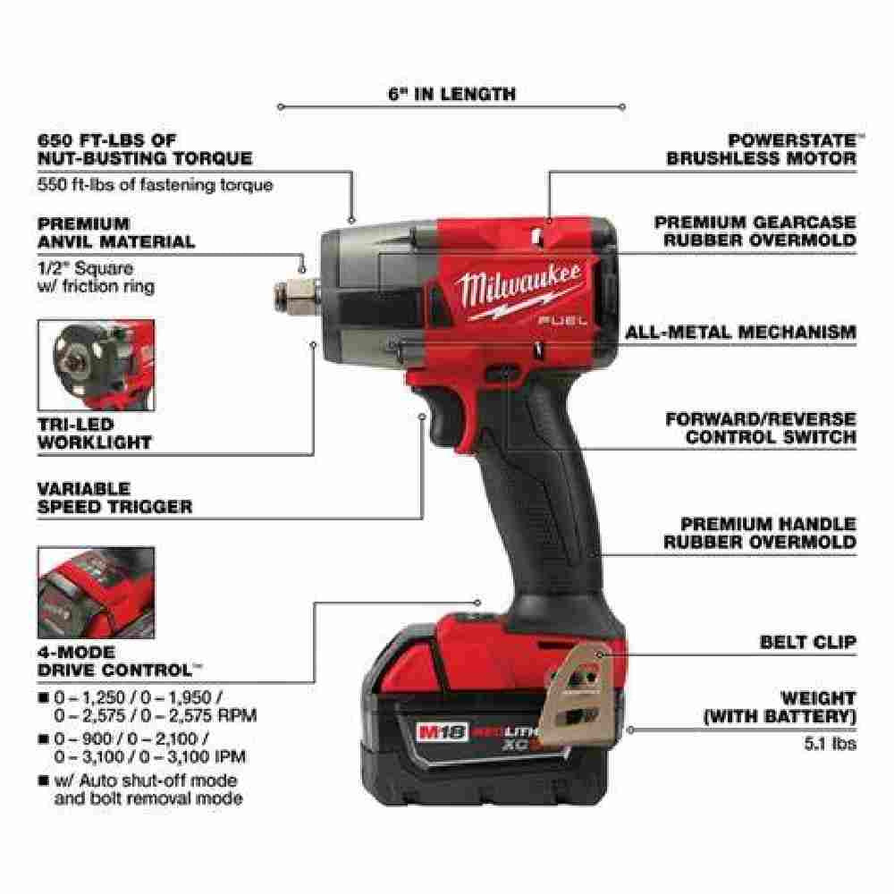 Milwaukee 3697-27 M18 FUEL 7-Tool Cordless Combo Kit showing features of the impact wrench