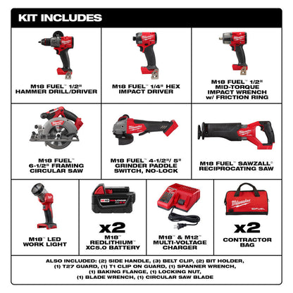 Milwaukee 3697-27 M18 FUEL 7-Tool Cordless Combo Kit showing inclusions of the kit
