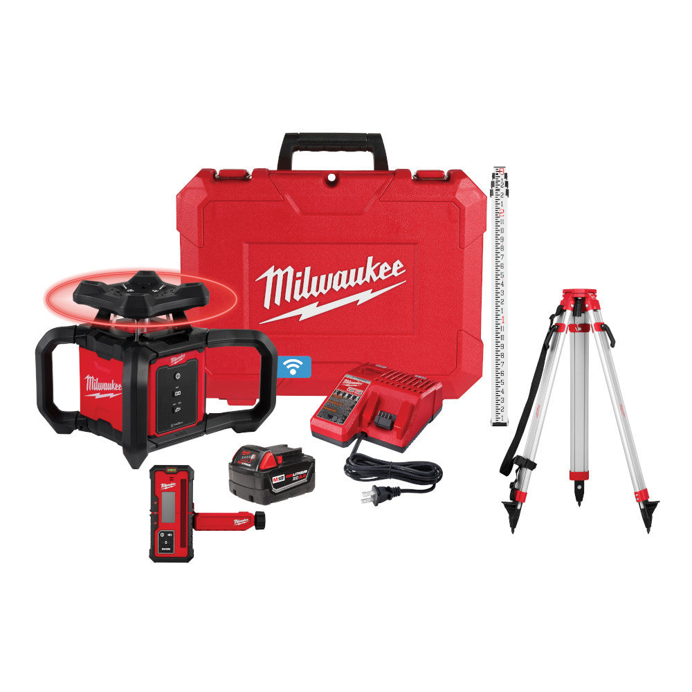 Milwaukee 3701-21T M18 Cordless 2000 foot Red Exterior Rotary Laser Level Kit with Receiver, Tripod, & Grade Rod