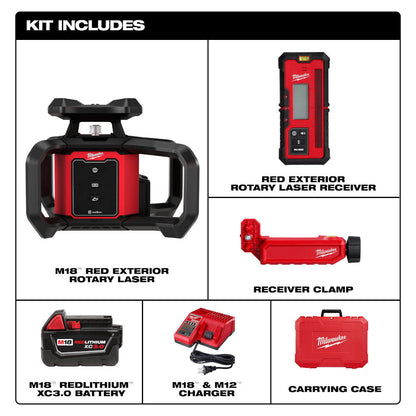 Milwaukee 3701-21 M18 Cordless 2000' Red Exterior Rotary Laser Level Kit with Receiver (Tool Only)