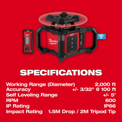 Milwaukee 3701-21 M18 Cordless 2000' Red Exterior Rotary Laser Level Kit with Receiver (Tool Only)