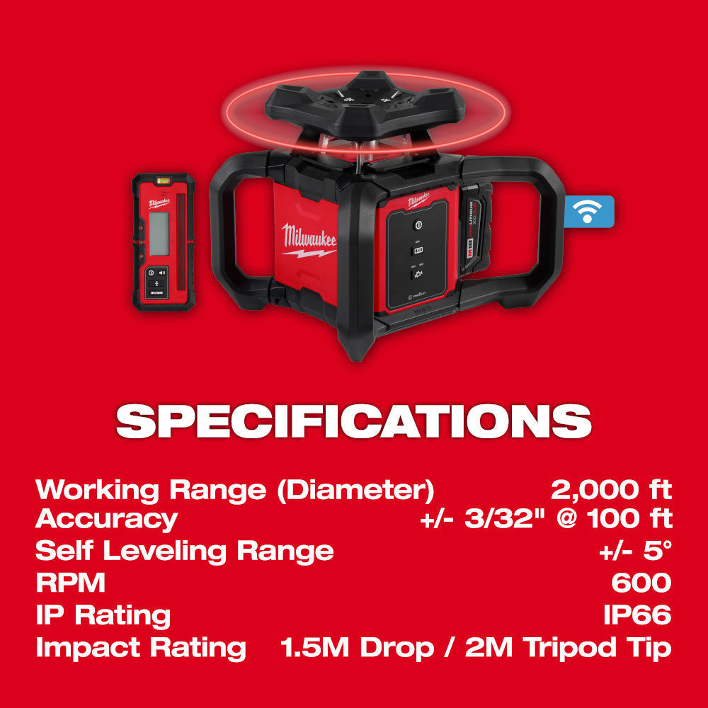 Milwaukee 3701-21T M18 Cordless 2000 foot Red Exterior Rotary Laser Level Kit with Receiver, Tripod, & Grade Rod