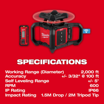 Milwaukee 3701-21T M18 Cordless 2000 foot Red Exterior Rotary Laser Level Kit with Receiver, Tripod, & Grade Rod