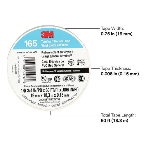 3M Temflex Vinyl Electrical Tape 165 White