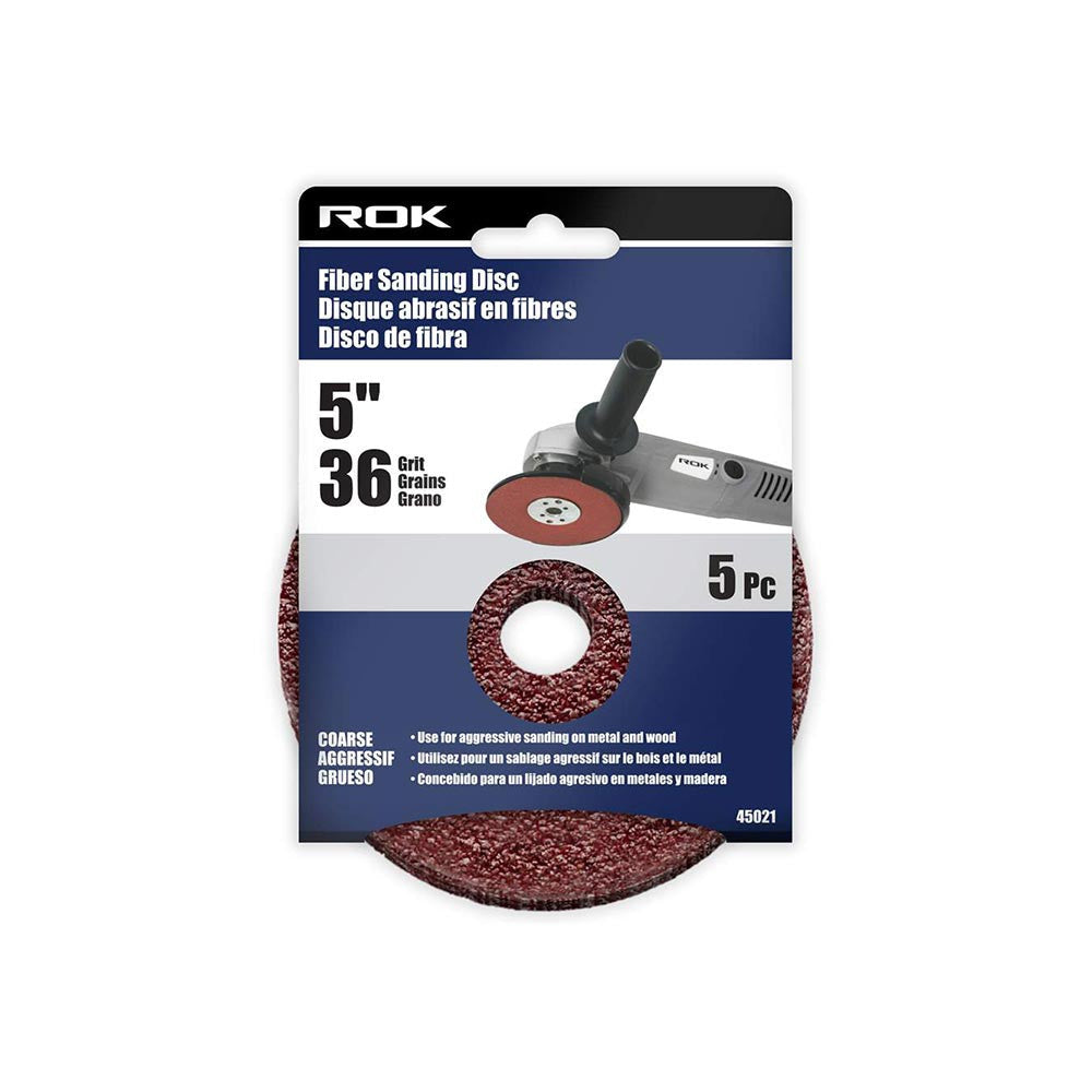 ROK 45021 5-inch 36 Grit Fibre Sanding Discs - 5pk