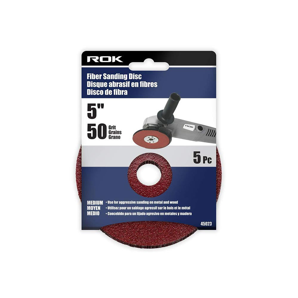 ROK 45023 5-inch 60 Grit Fibre Sanding Discs - 5pk