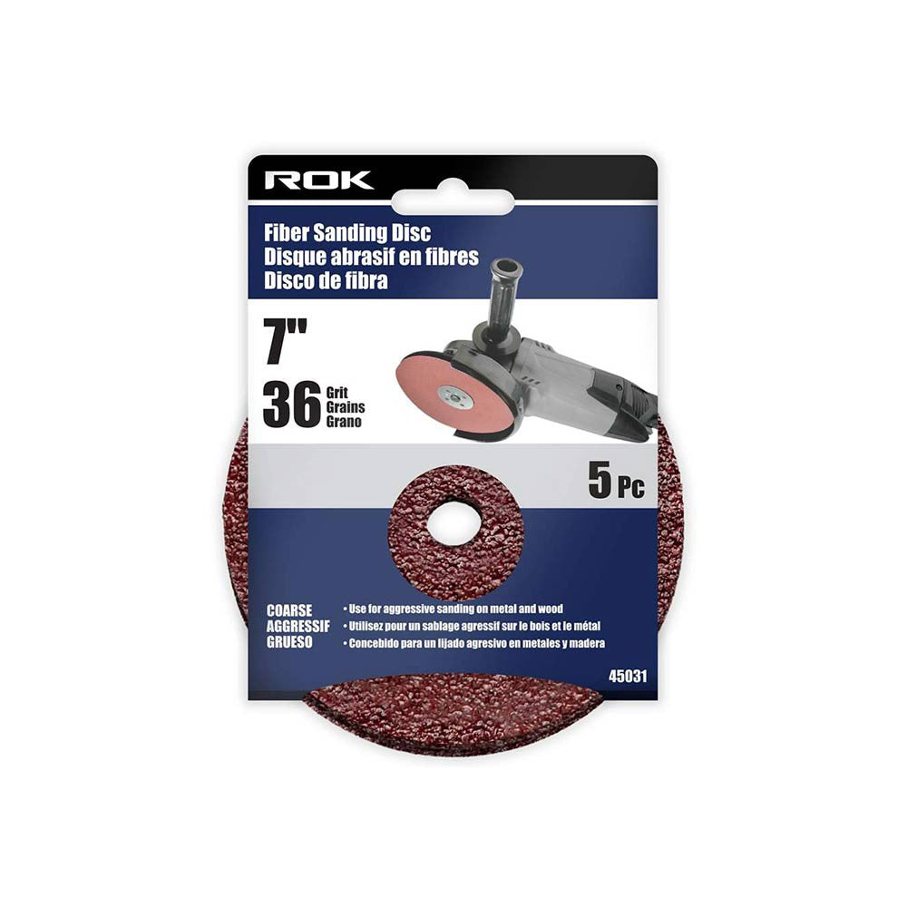 ROK 45031 7-inch 36 Grit Fibre Sanding Discs - 5pk