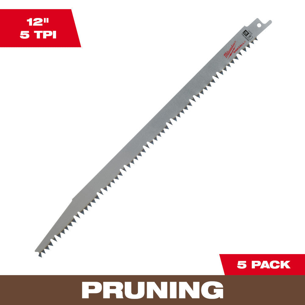 Milwaukee 48-00-1303 12 inch 5 TPI SAWZALL Pruning Reciprocating Saw Blades - 5pk