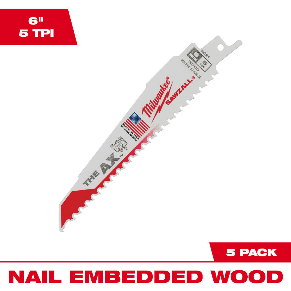 Milwaukee 48-00-5021 SAWZALL THE AX 6 inch 5 TPI Reciprocating Saw Blades - 5pk