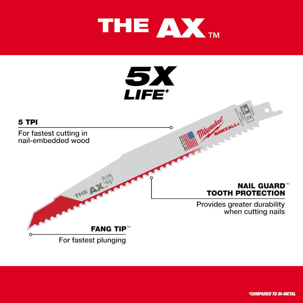 Milwaukee 48-00-5021 SAWZALL THE AX 6 inch 5 TPI Reciprocating Saw Blades - 5pk