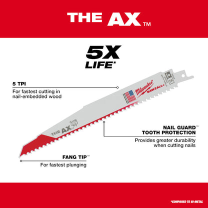 Milwaukee 48-00-5026 SAWZALL THE AX 9 inch 5 TPI Reciprocating Saw Blades - 5pk