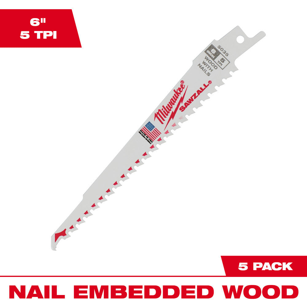 Milwaukee 48-00-5035 SAWZALL 6 inch 5 TPI Reciprocating Saw Blades with Nail Guard - 5pk