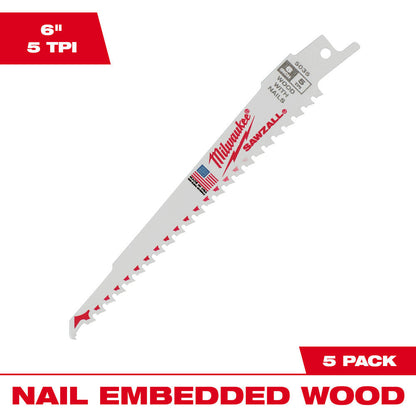 Milwaukee 48-00-5035 SAWZALL 6 inch 5 TPI Reciprocating Saw Blades with Nail Guard - 5pk