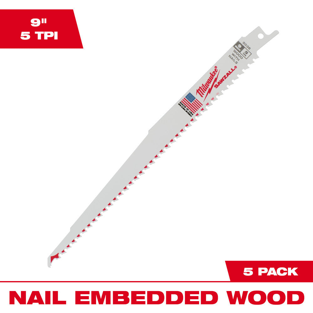 Milwaukee 48-00-5036 SAWZALL 9 inch 5 TPI Reciprocating Saw Blades with Nail Guard - 5pk