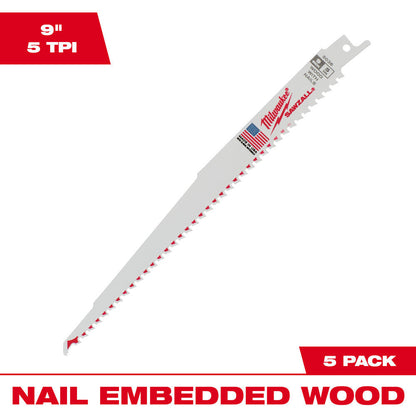 Milwaukee 48-00-5036 SAWZALL 9 inch 5 TPI Reciprocating Saw Blades with Nail Guard - 5pk