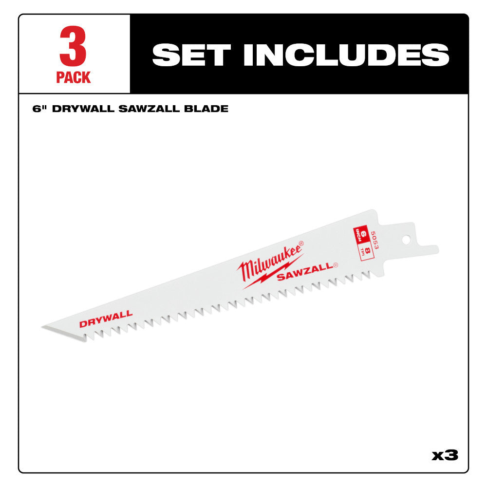 Milwaukee 48-00-5053 SAWZALL 6 inch 8 TPI Drywall Blades - 3pk