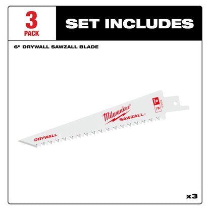Milwaukee 48-00-5053 SAWZALL 6 inch 8 TPI Drywall Blades - 3pk