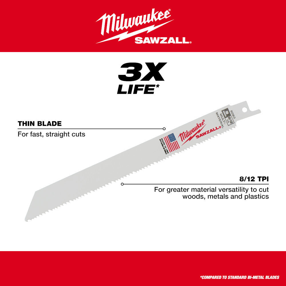 Milwaukee 48-00-5093 SAWZALL 8 inch 8/12 TPI Reciprocating Saw Blades - 5pk