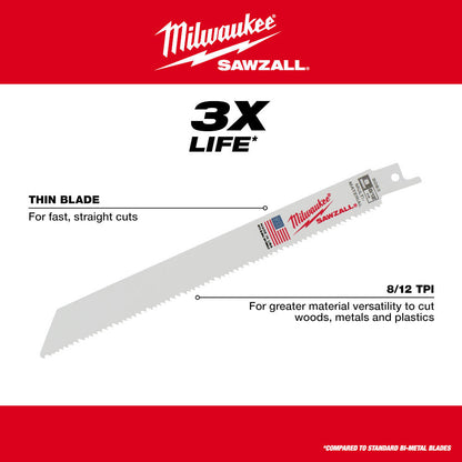 Milwaukee 48-00-5093 SAWZALL 8 inch 8/12 TPI Reciprocating Saw Blades - 5pk