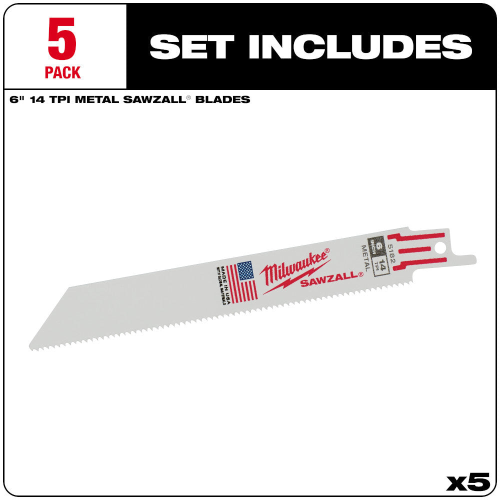 Milwaukee 48-00-5182 SAWZALL 6 inch 14 TPI Metal Cutting Blades - 5pk
