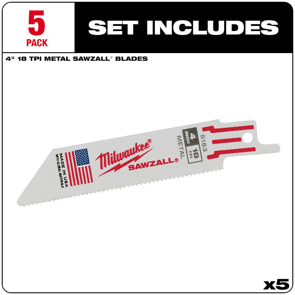 Milwaukee 48-00-5183 SAWZALL 4 inch 18 TPI Thin Kerf Reciprocating Saw Metal Cutting Blades - 5pk