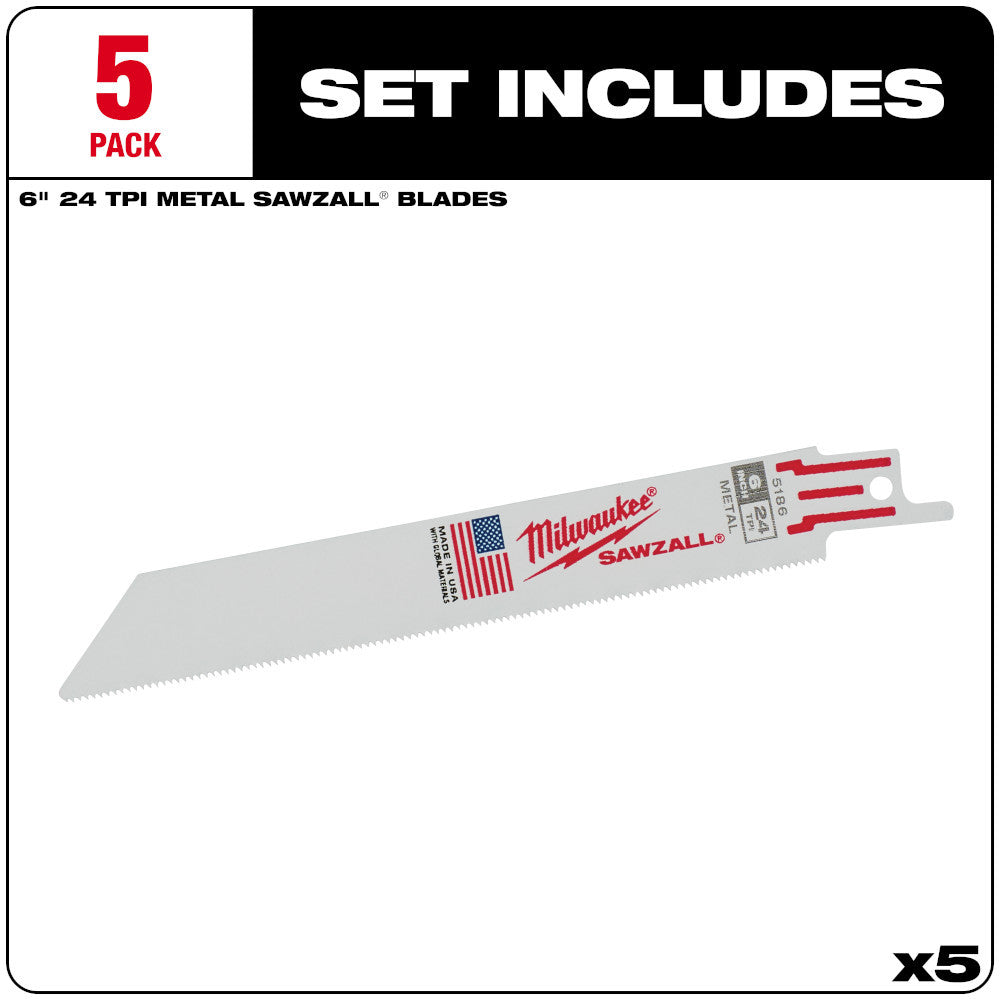Milwaukee 48-00-5186 SAWZALL 6 inch 24 TPI Thin Kerf Reciprocating Saw Metal Cutting Blades - 5pk