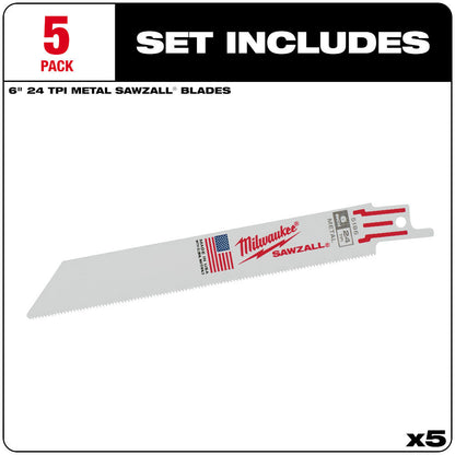 Milwaukee 48-00-5186 SAWZALL 6 inch 24 TPI Thin Kerf Reciprocating Saw Metal Cutting Blades - 5pk