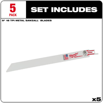 Milwaukee MF48-00-5188 SAWZALL 9 inch 18 TPI Thin Kerf Reciprocating Saw Metal Cutting Blades - 5pk