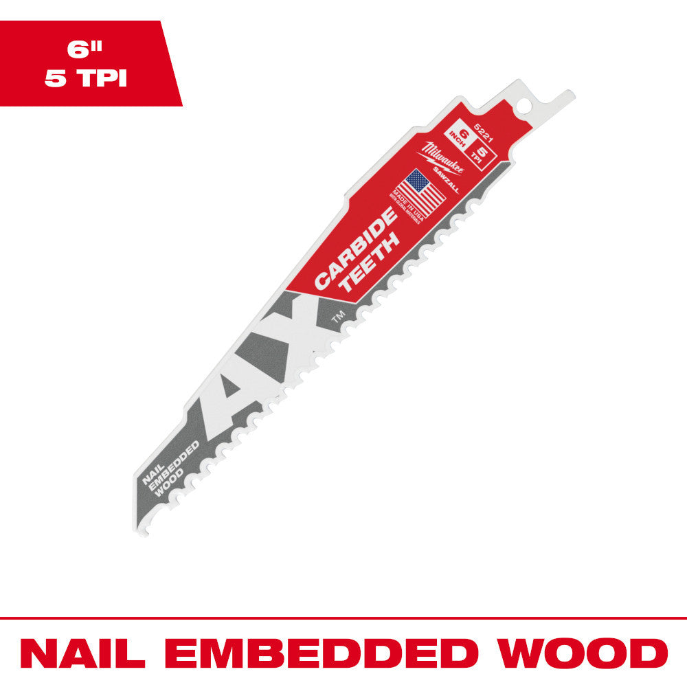 Milwaukee 48-00-5221 SAWZALL THE AX 6 inch 5 TPI Reciprocating Saw Blade with Carbide Teeth