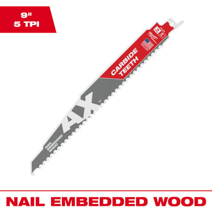 Milwaukee 48-00-5226 SAWZALL THE AX 9 inch 5 TPI Reciprocating Saw Blade with Carbide Teeth