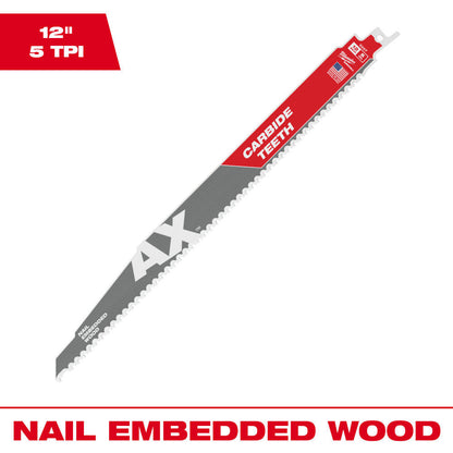 Milwaukee 48-00-5227 SAWZALL THE AX 12 inch 5 TPI Reciprocating Saw Blade with Carbide Teeth