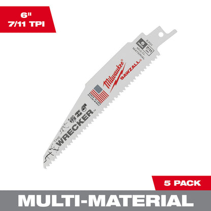 Milwaukee 48-00-5701 SAWZALL THE WRECKER 6 inch 7/11 TPI Reciprocating Saw Demolition Blades - 5pk