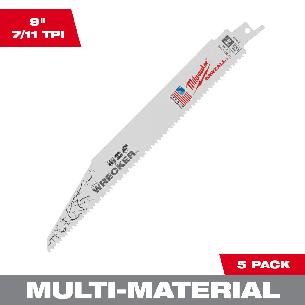 Milwaukee 48-00-5706 SAWZALL THE WRECKER 9 inch 7/11 TPI Reciprocating Saw Demolition Blades - 5pk
