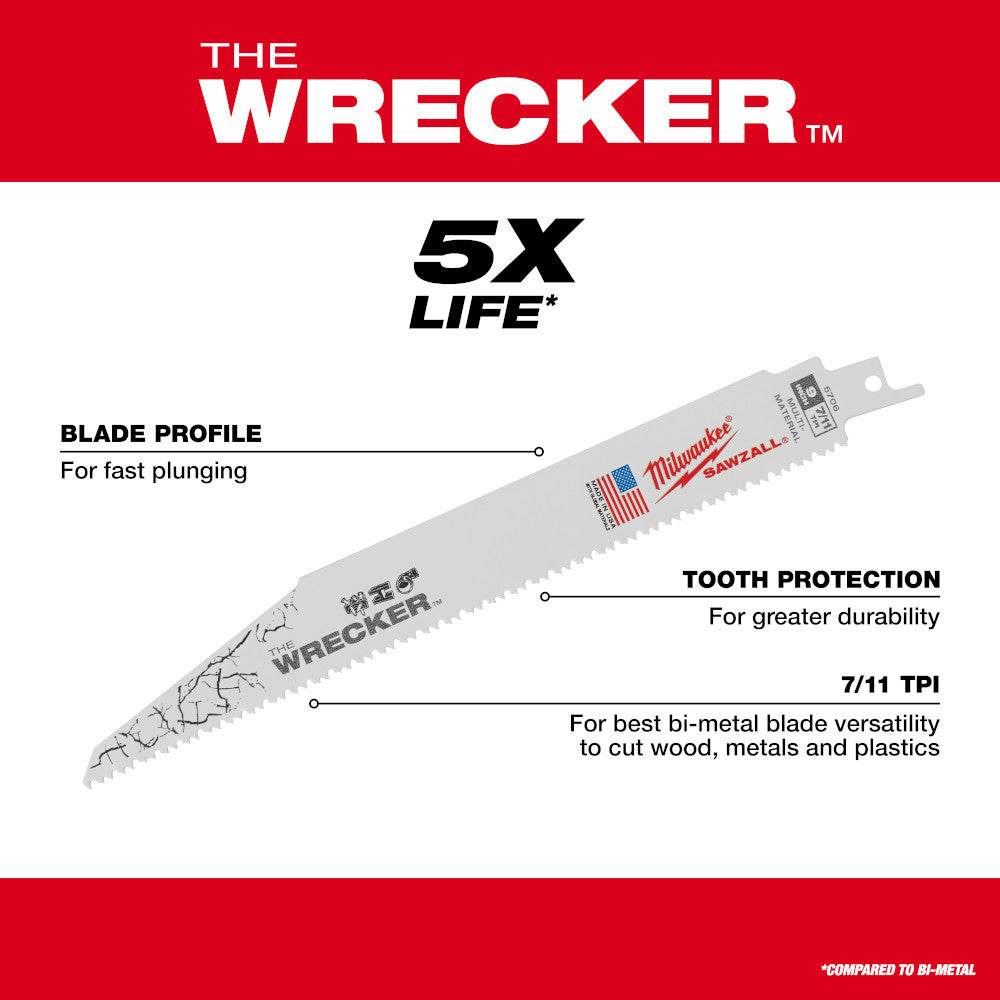 Milwaukee 48-00-5701 SAWZALL THE WRECKER 6 inch 7/11 TPI Reciprocating Saw Demolition Blades - 5pk