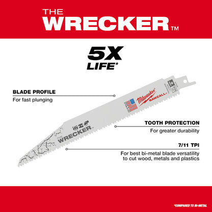 Milwaukee 48-00-5701 SAWZALL THE WRECKER 6 inch 7/11 TPI Reciprocating Saw Demolition Blades - 5pk